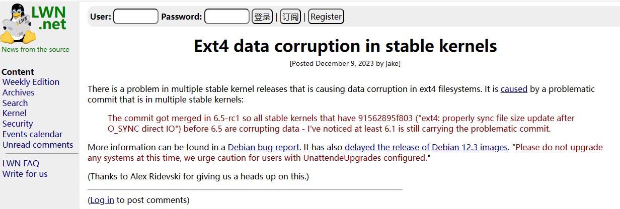 【重要提醒】Linux 多个系统内核版本发现存在严重问题：ext4 数据损坏，请尽快更新系统内核！